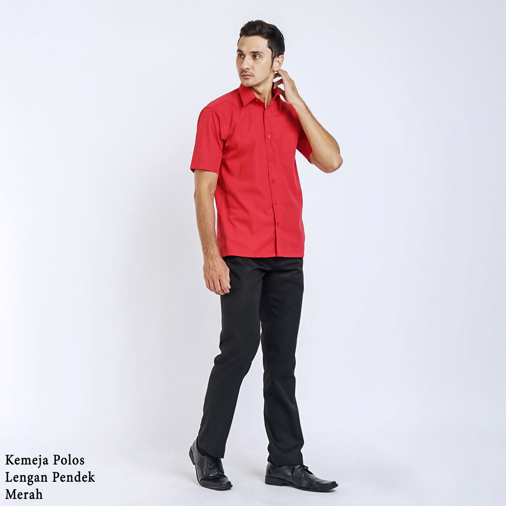 Boss SUPER - Kemeja Polos Pria Lengan Pendek Atasan Hem Kantor Cowok Regular Fit Merah | Size 3XS - 4XL