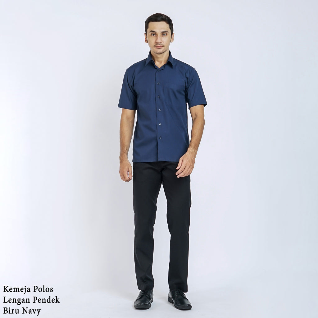 Boss SUPER - Kemeja Polos Pria Lengan Pendek Atasan Hem Kantor Cowok Regular Fit Biru Navy | Size 3XS - 4XL