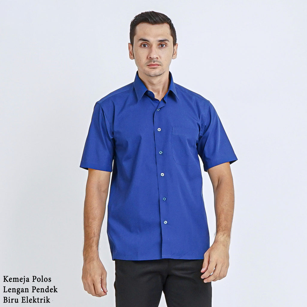Boss SUPER Kemeja Polos Pria Lengan Pendek Regular Fit Biru Muda Elektrik A