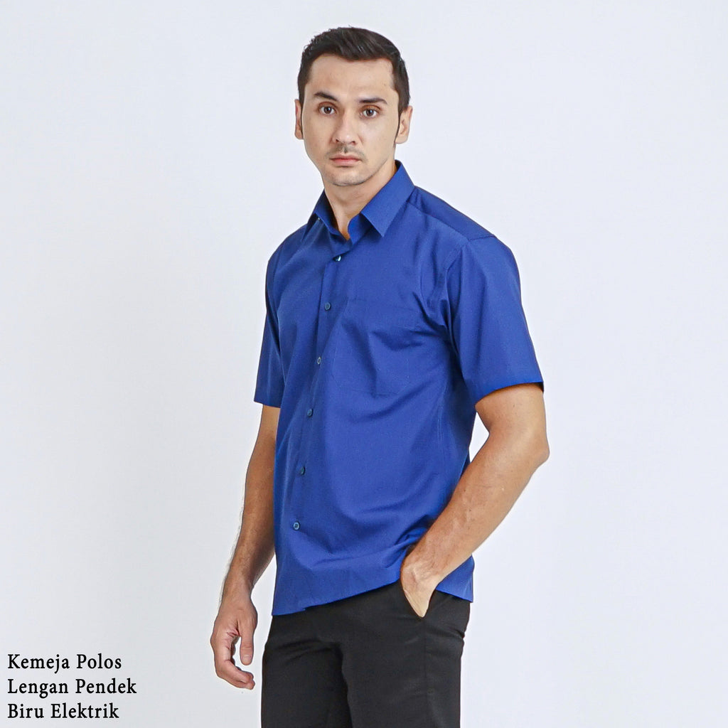 Boss SUPER Kemeja Polos Pria Lengan Pendek Regular Fit Biru Muda Elektrik A