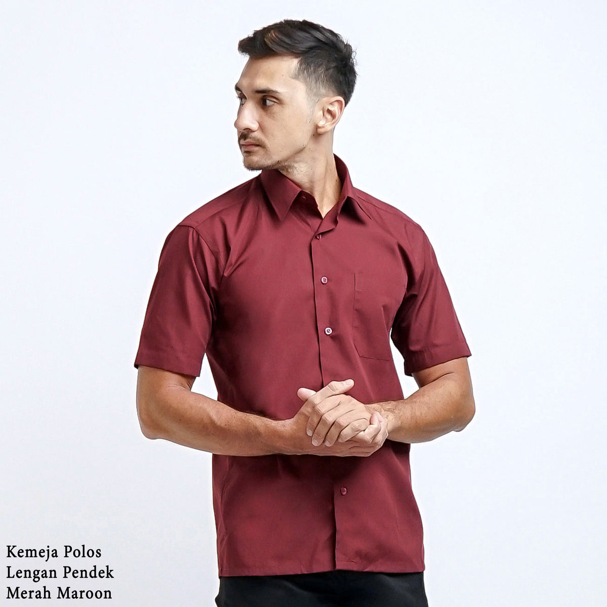 Boss SUPER - Kemeja Polos Pria Lengan Pendek Atasan Hem Kantor Cowok Regular Fit Merah Maroon | Size 3XS - 4XL
