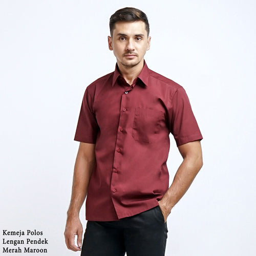 Boss SUPER - Kemeja Polos Pria Lengan Pendek Atasan Hem Kantor Cowok Regular Fit Merah Maroon | Size 3XS - 4XL