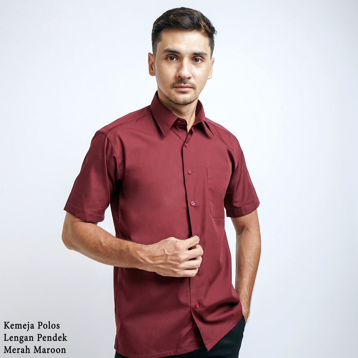 Boss SUPER - Kemeja Polos Pria Lengan Pendek Atasan Hem Kantor Cowok Regular Fit Merah Maroon | Size 3XS - 4XL