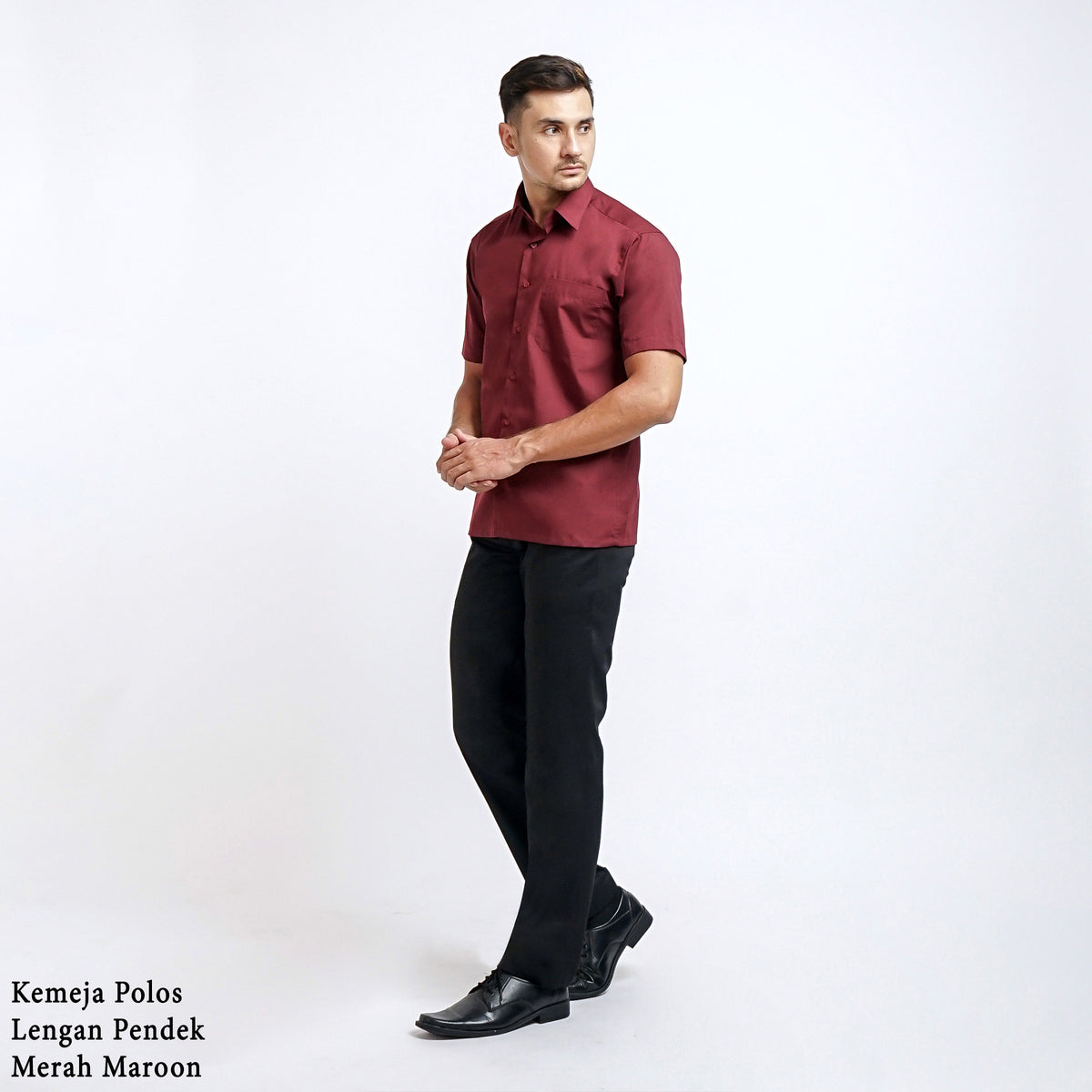 Boss SUPER - Kemeja Polos Pria Lengan Pendek Atasan Hem Kantor Cowok Regular Fit Merah Maroon | Size 3XS - 4XL