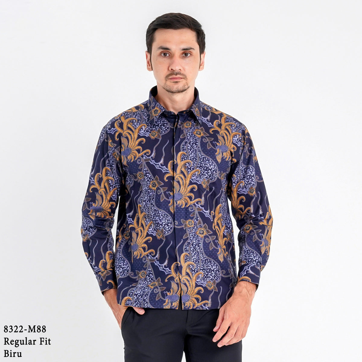 Boss SUPER Kemeja Batik Pria Lengan Panjang Regular Fit 8322 Hitam Biru