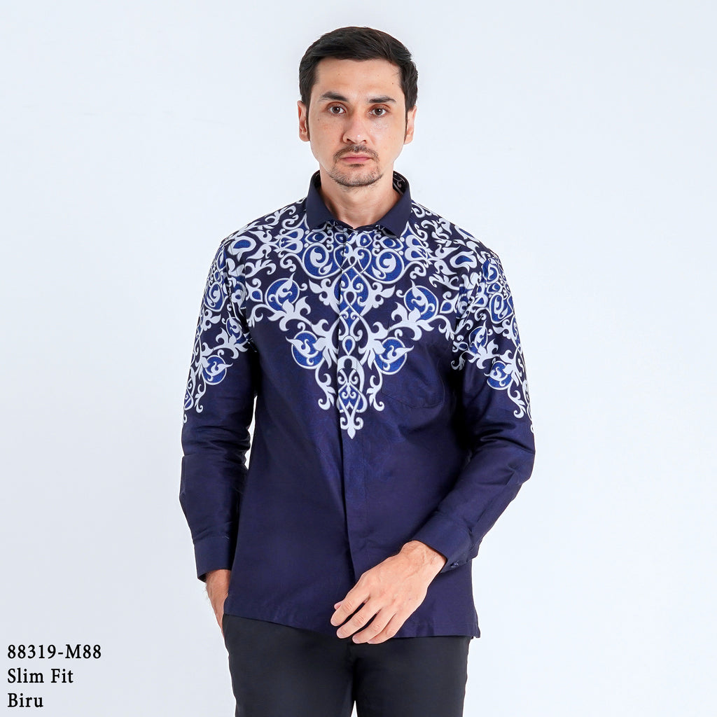 Boss SUPER Kemeja Batik Pria Lengan Panjang Slim Fit