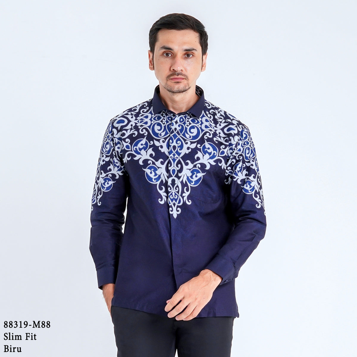 Boss SUPER Kemeja Batik Pria Lengan Panjang Slim Fit