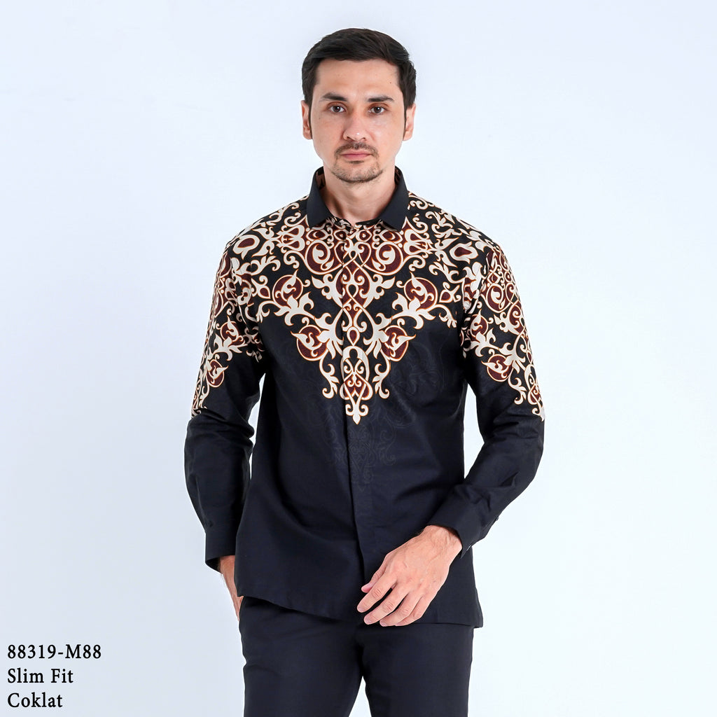 Boss SUPER Kemeja Batik Pria Lengan Panjang Slim Fit