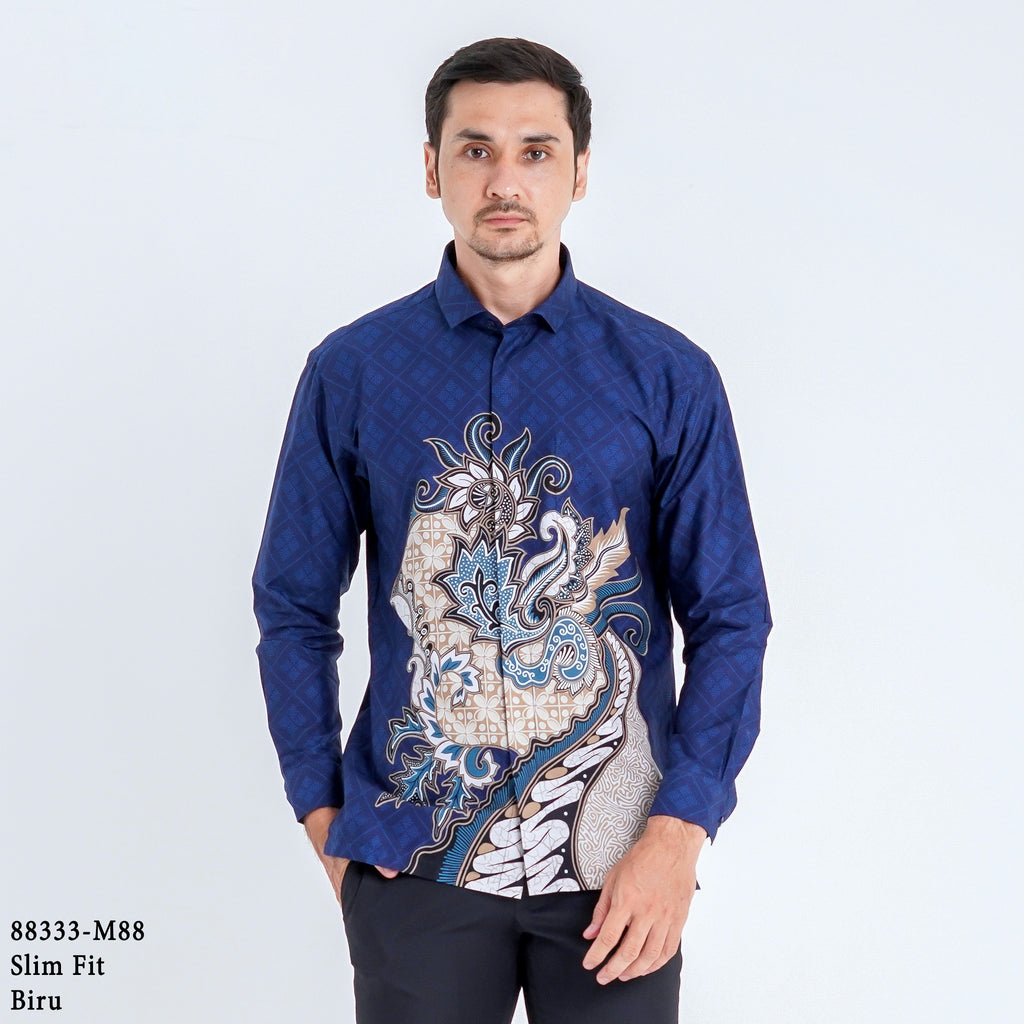 Boss SUPER Kemeja Batik Pria Lengan Panjang Slim Fit
