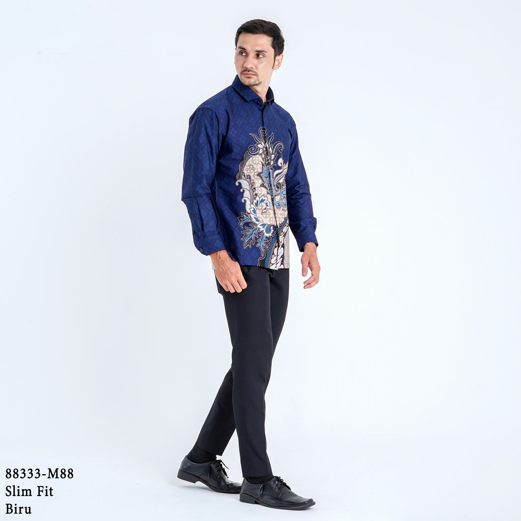 Boss SUPER Kemeja Batik Pria Lengan Panjang Slim Fit