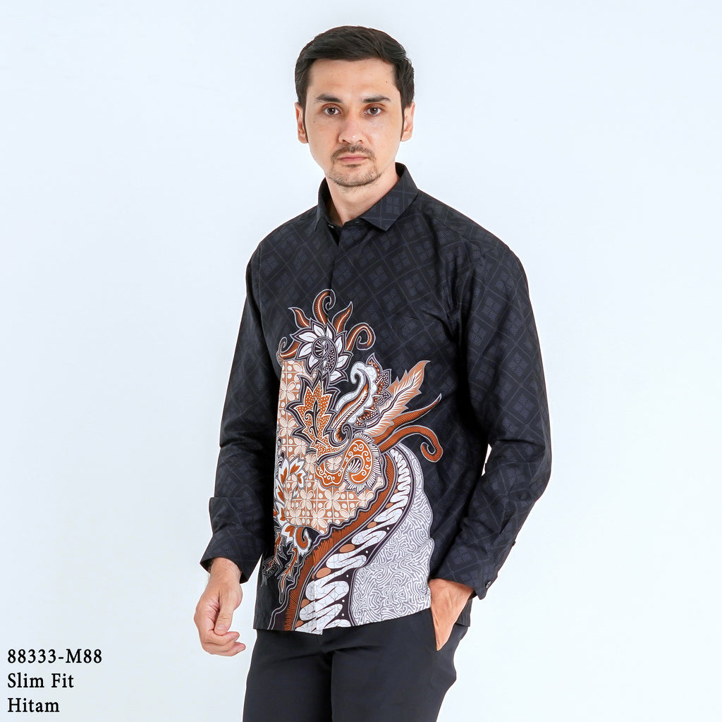 Boss SUPER Kemeja Batik Pria Lengan Panjang Slim Fit