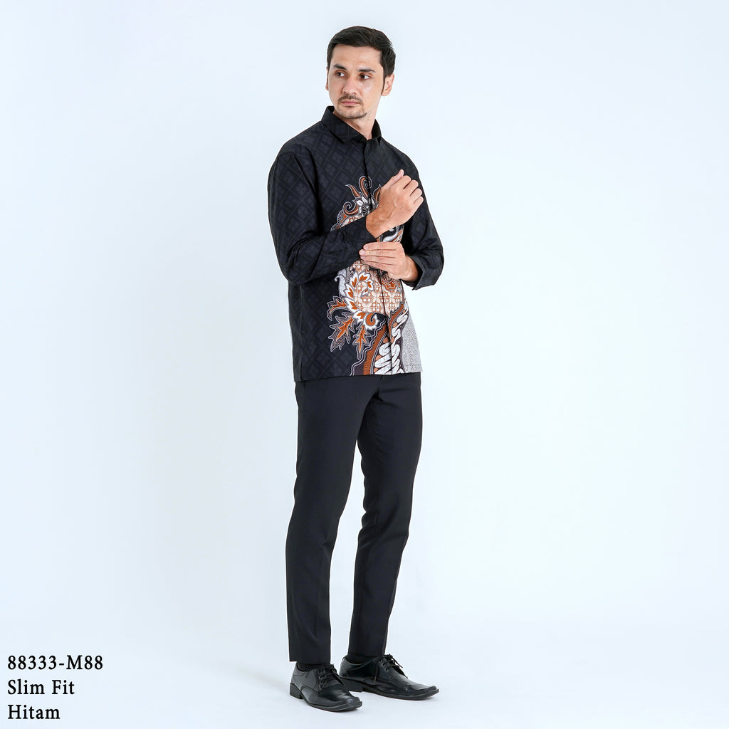 Boss SUPER Kemeja Batik Pria Lengan Panjang Slim Fit