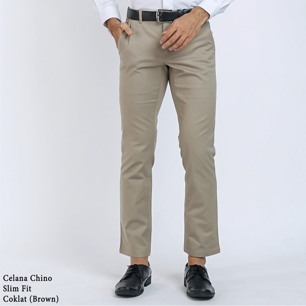 Boss SUPER Celana Panjang Chino Pria Slim Fit Coklat