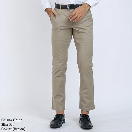 Boss SUPER Celana Panjang Chino Pria Slim Fit Coklat