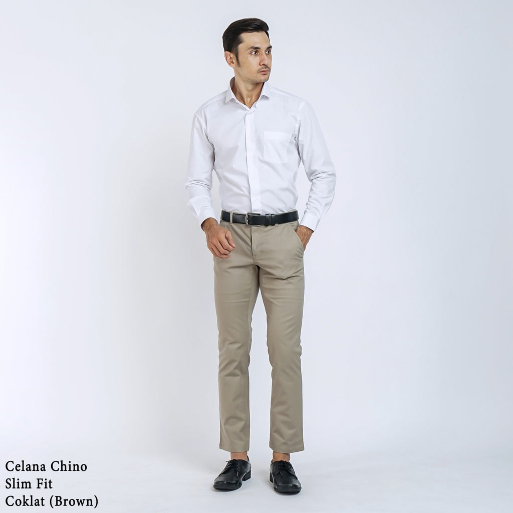 Boss SUPER Celana Panjang Chino Pria Slim Fit Coklat