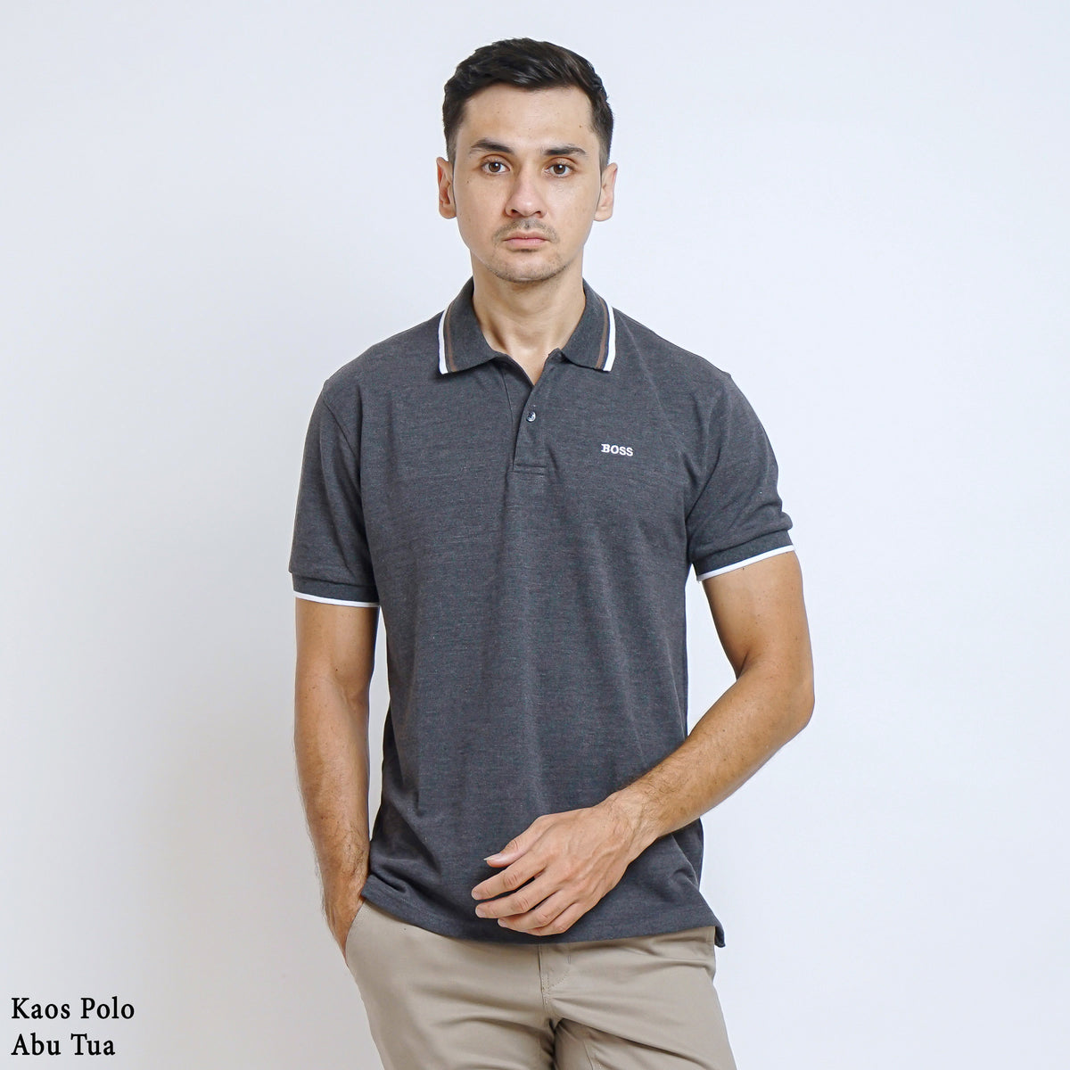 Boss SUPER Kaos Polo / Polo Shirt Pria Regular Fit Abu Tua