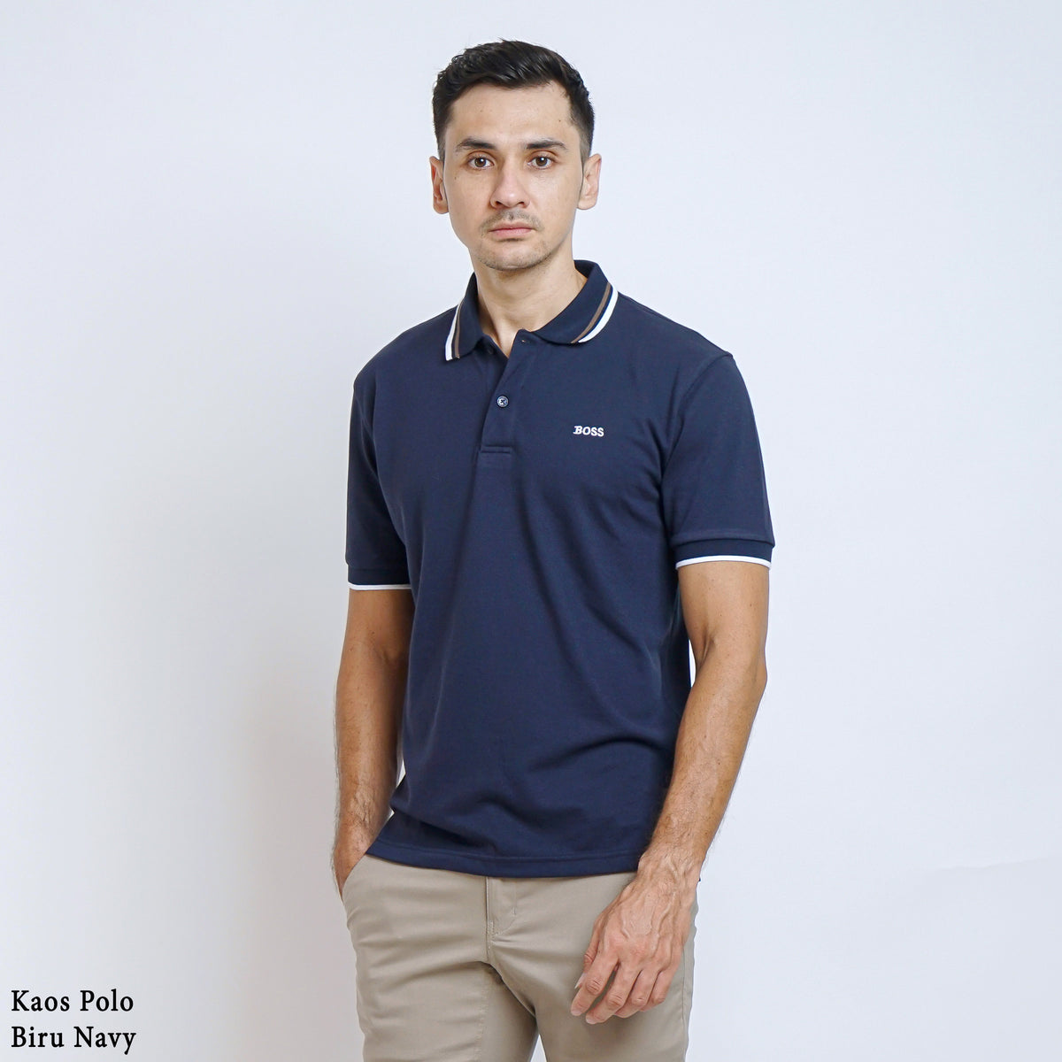 Boss SUPER Kaos Polo / Polo Shirt Pria Regular Fit Biru Navy