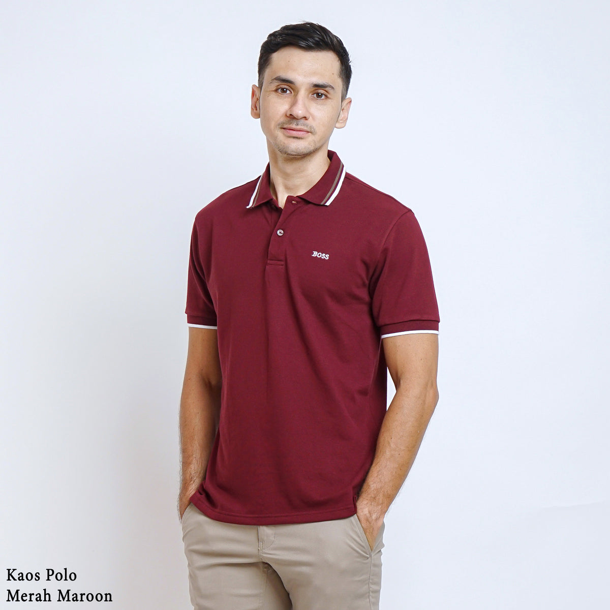 Boss SUPER Kaos Polo / Polo Shirt Pria Regular Fit Merah Maroon