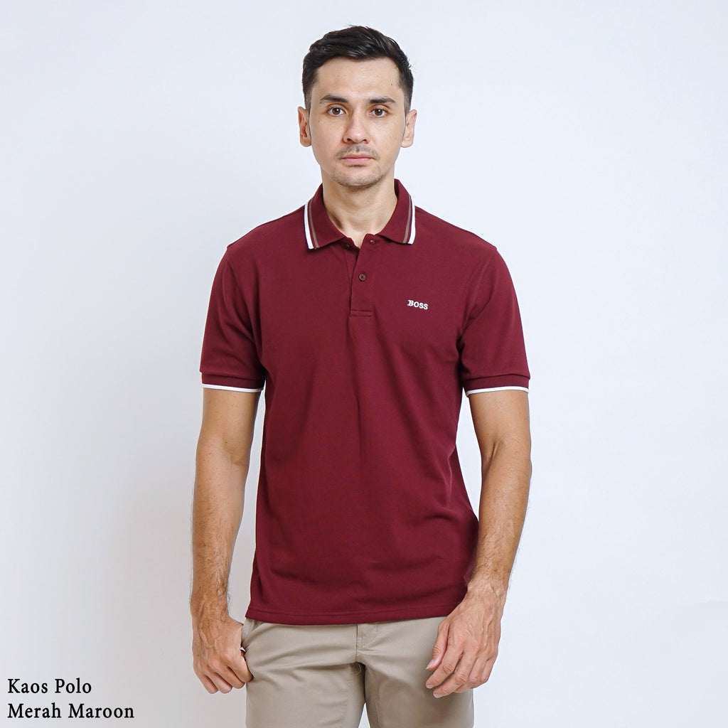 Boss SUPER Kaos Polo / Polo Shirt Pria Regular Fit Merah Maroon