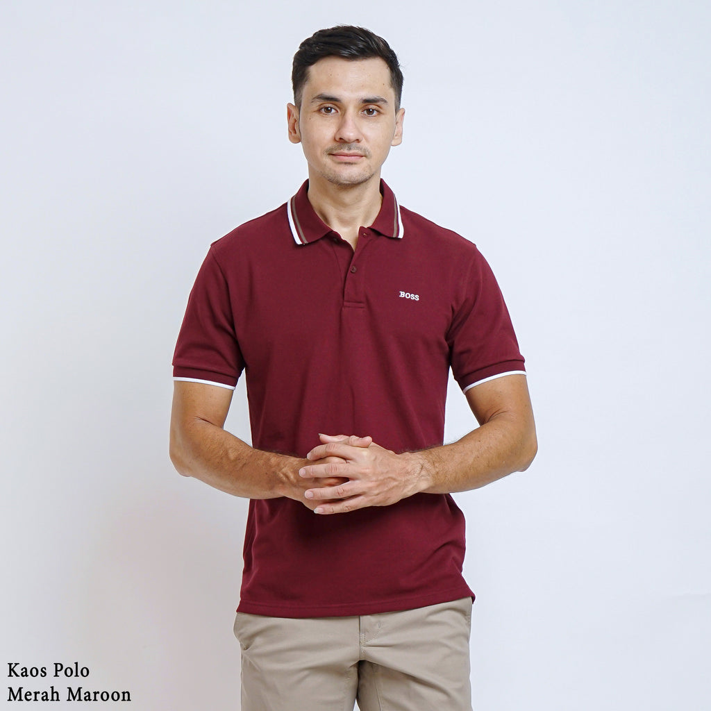 Boss SUPER Kaos Polo / Polo Shirt Pria Regular Fit Merah Maroon