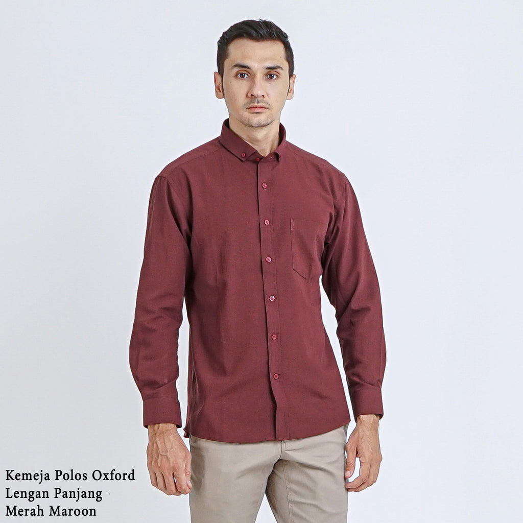 Boss SUPER Kemeja Polos Basic Pria Oxford Cotton Lengan Panjang Slim Fit Regular Fit OXK Merah Maroon