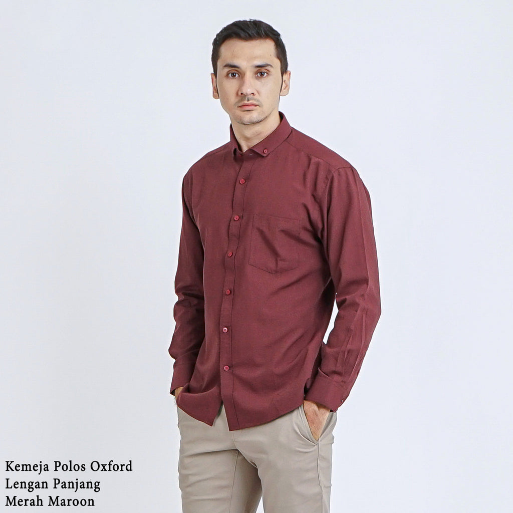 Boss SUPER Kemeja Polos Basic Pria Oxford Cotton Lengan Panjang Slim Fit Regular Fit OXK Merah Maroon