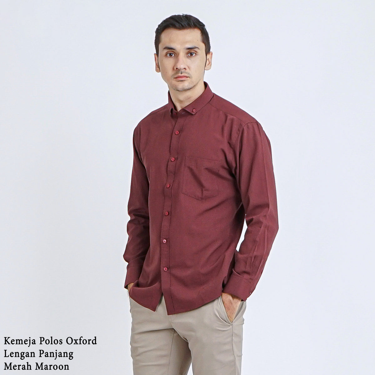 Boss SUPER Kemeja Polos Basic Pria Oxford Cotton Lengan Panjang Slim Fit Regular Fit OXK Merah Maroon
