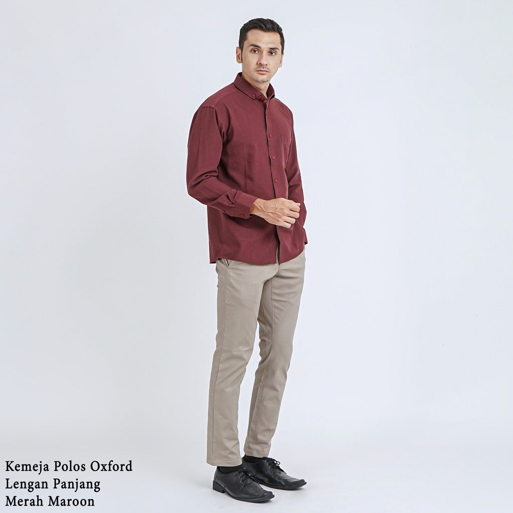 Boss SUPER Kemeja Polos Basic Pria Oxford Cotton Lengan Panjang Slim Fit Regular Fit OXK Merah Maroon