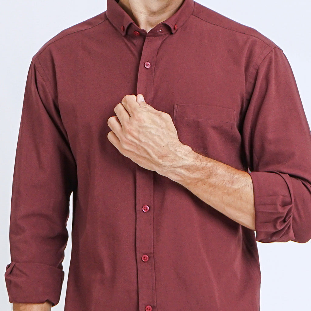 Boss SUPER Kemeja Polos Basic Pria Oxford Cotton Lengan Panjang Slim Fit Regular Fit OXK Merah Maroon