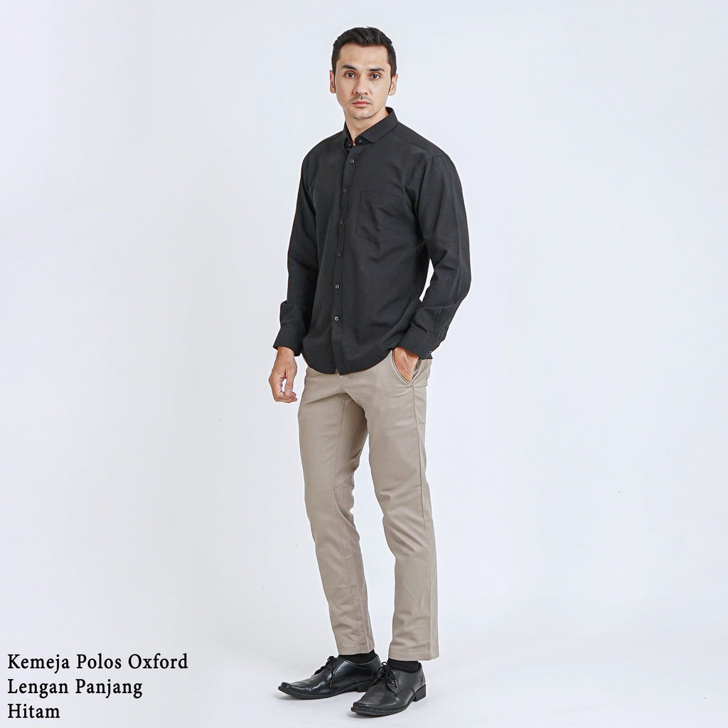Boss SUPER Kemeja Polos Basic Pria Oxford Cotton Lengan Panjang Slim Fit OXK Hitam