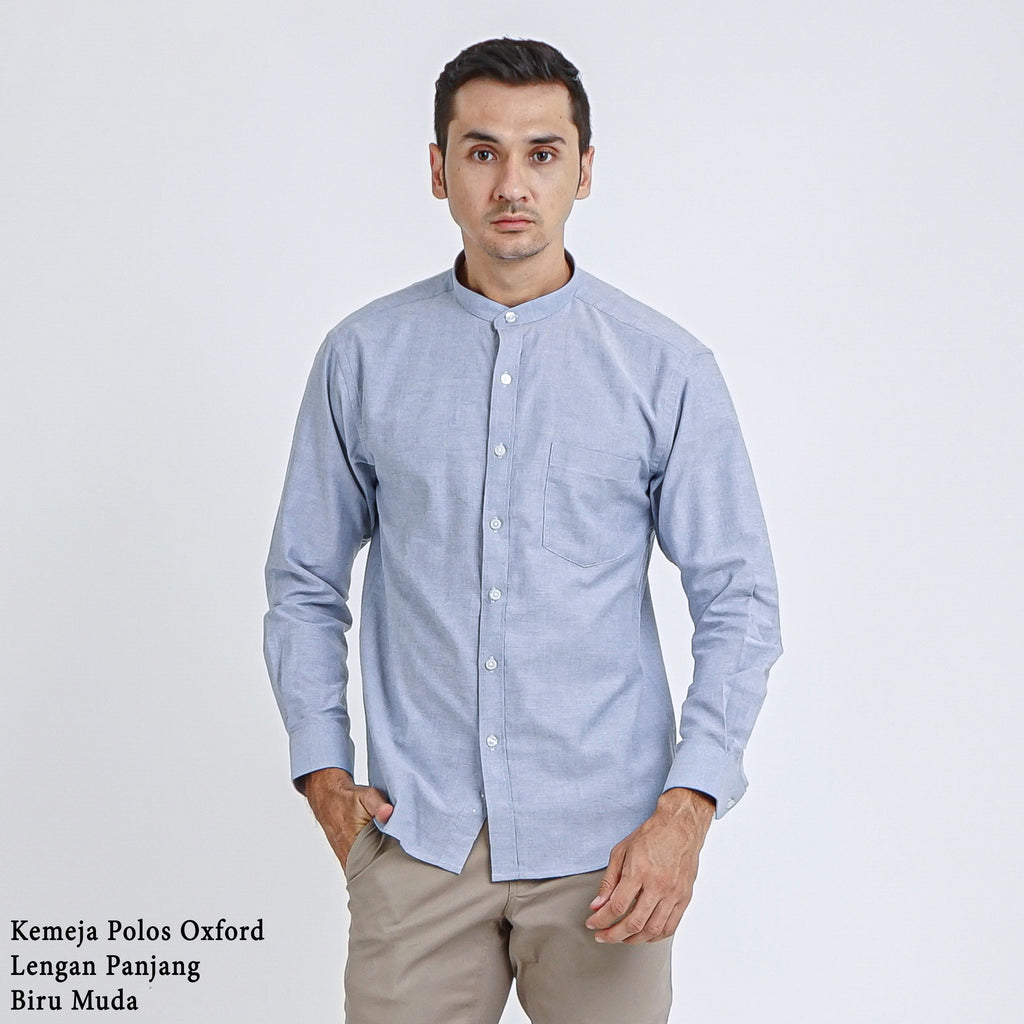 Boss SUPER Kemeja Polos Basic Pria Oxford Shanghai Lengan Panjang Slim Fit OX Biru Muda