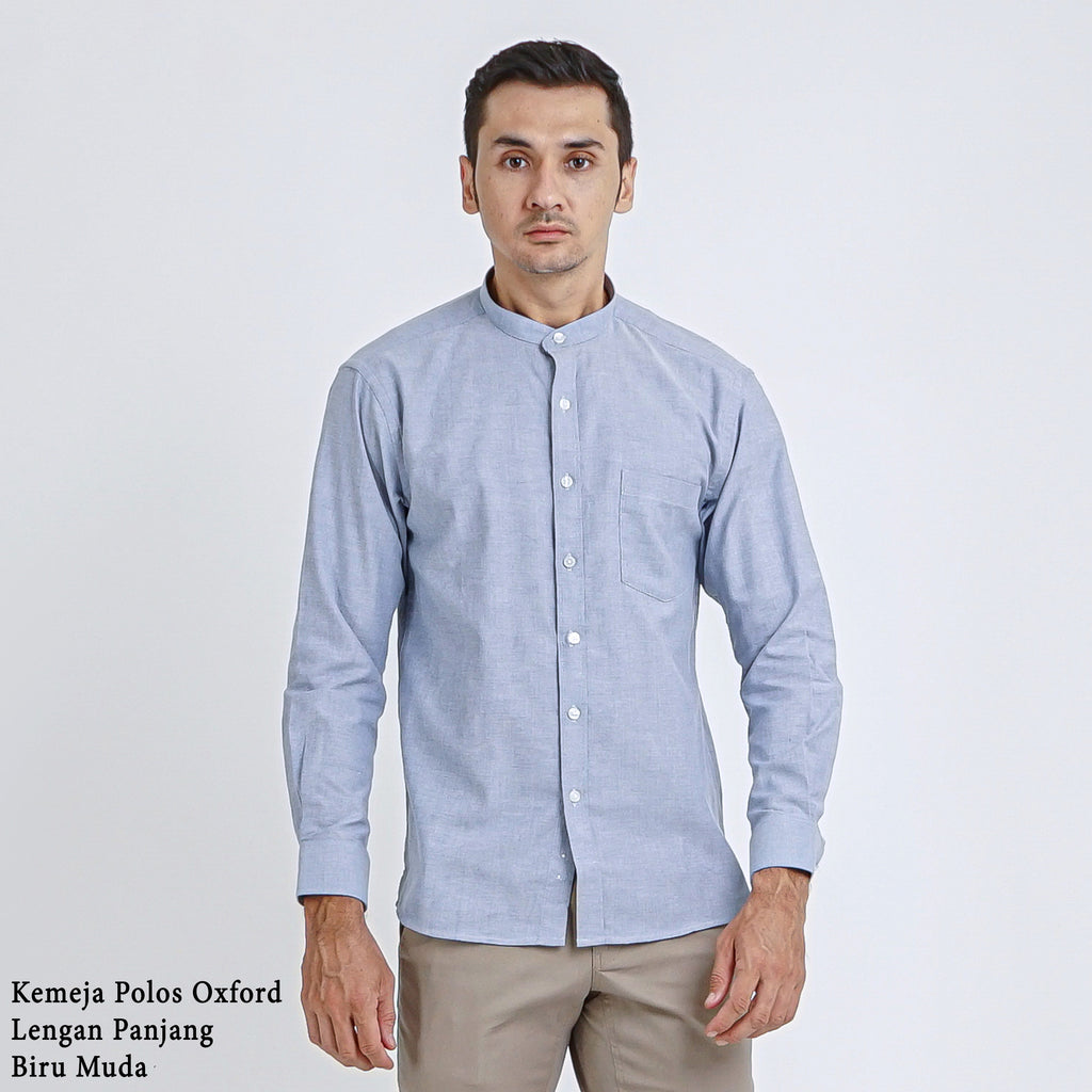 Boss SUPER Kemeja Polos Basic Pria Oxford Shanghai Lengan Panjang Slim Fit OX Biru Muda