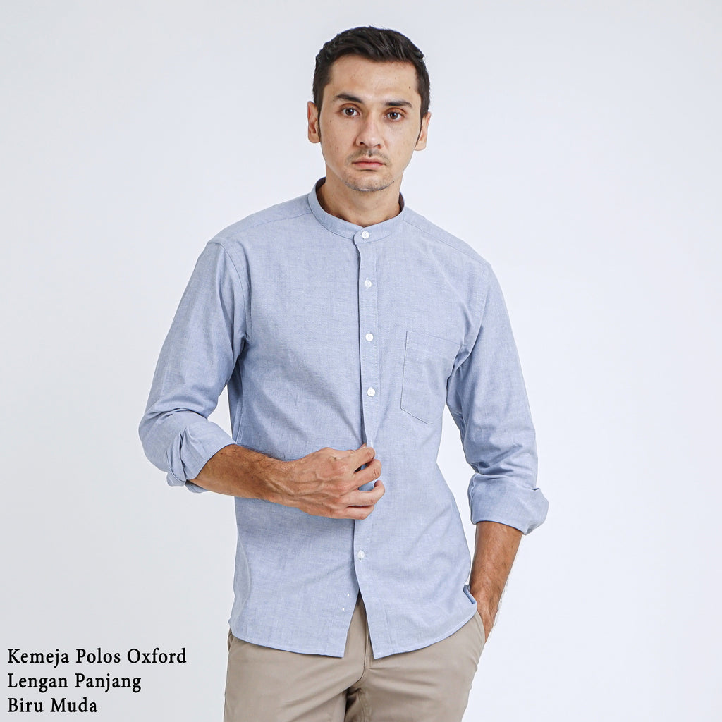 Boss SUPER Kemeja Polos Basic Pria Oxford Shanghai Lengan Panjang Slim Fit OX Biru Muda