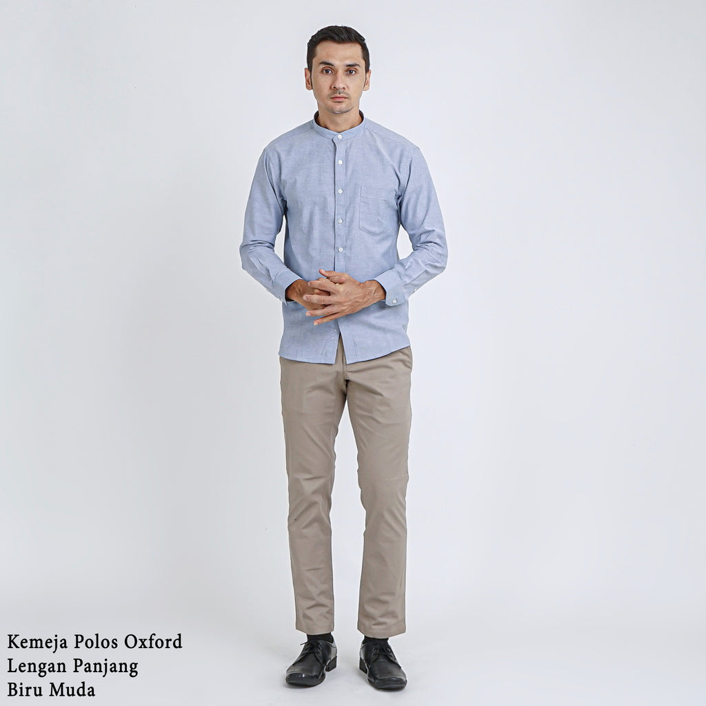 Boss SUPER Kemeja Polos Basic Pria Oxford Shanghai Lengan Panjang Slim Fit OX Biru Muda
