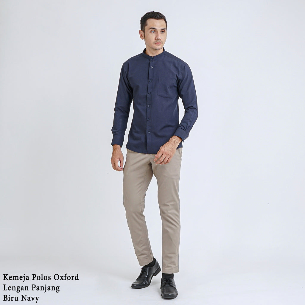 Boss SUPER Kemeja Polos Basic Pria Oxford Shanghai Lengan Panjang Slim Fit OX Navy