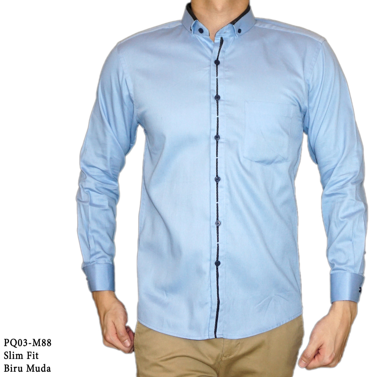Boss SUPER Kemeja Polos Pria Cotton Pique Kombinasi List Tengah Lengan Panjang Slim Fit PQ03 Biru