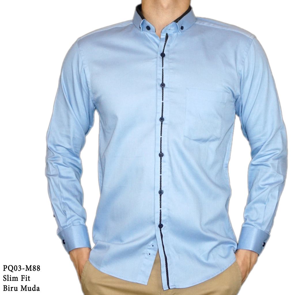 Boss SUPER Men's Pique Cotton Long Sleeve Slim Fit Shirt - Blue (PQ03)