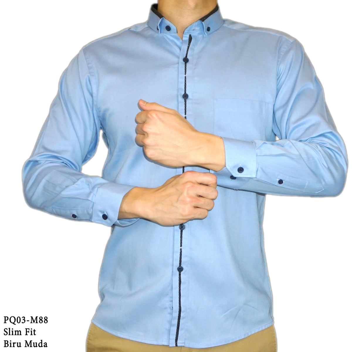 Boss SUPER Kemeja Polos Pria Cotton Pique Kombinasi List Tengah Lengan Panjang Slim Fit PQ03 Biru
