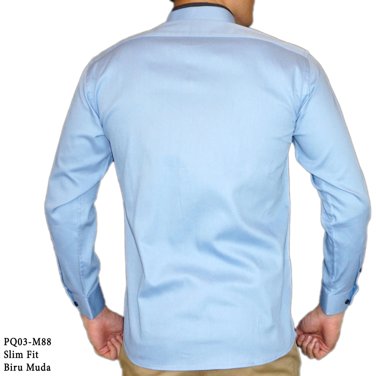 Boss SUPER Kemeja Polos Pria Cotton Pique Kombinasi List Tengah Lengan Panjang Slim Fit PQ03 Biru