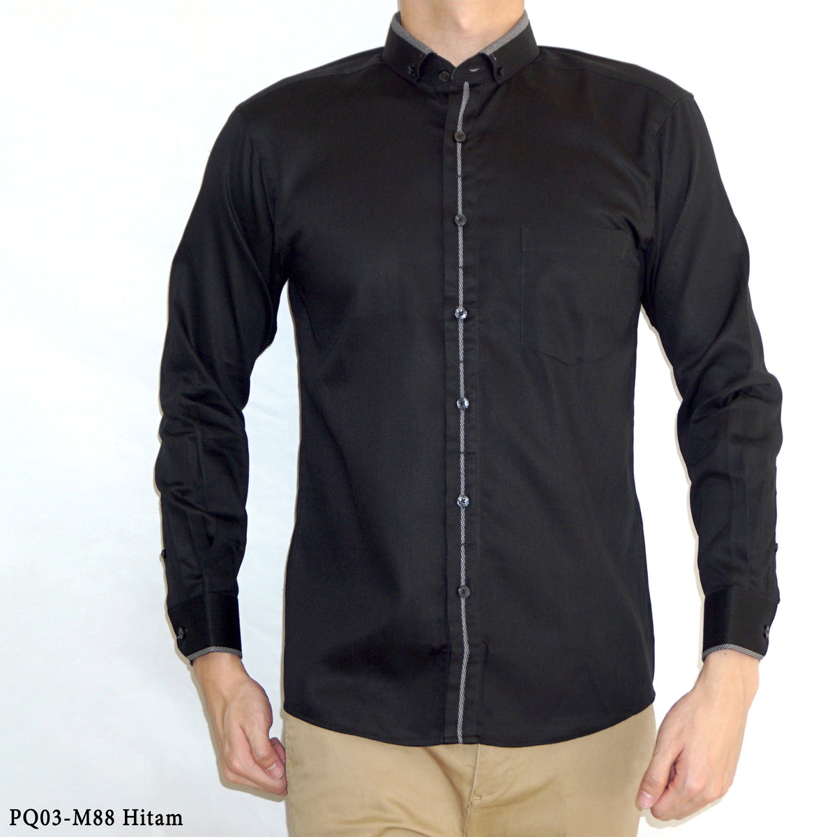 Boss SUPER Kemeja Polos Pria Cotton Pique Kombinasi List Tengah Lengan Panjang Slim Fit PQ03 Hitam