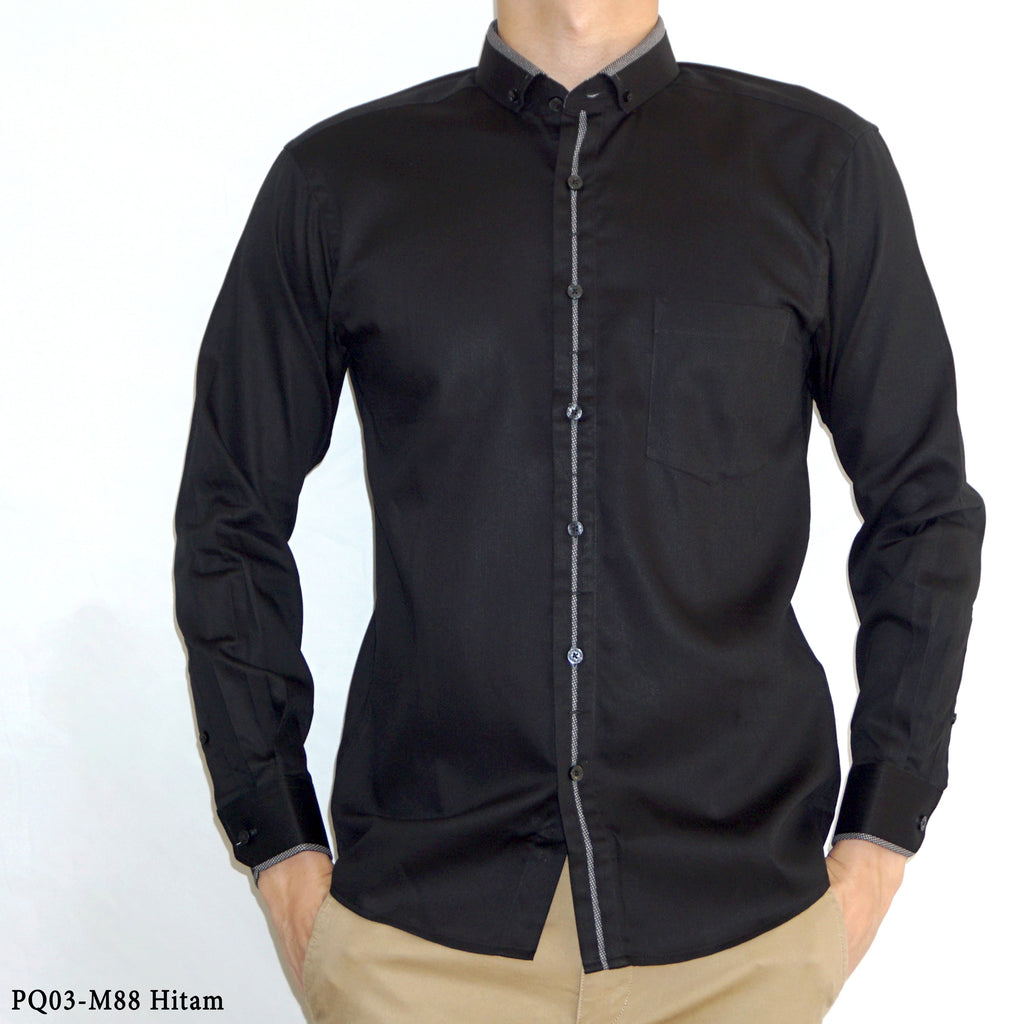 Boss SUPER Kemeja Polos Pria Cotton Pique Kombinasi List Tengah Lengan Panjang Slim Fit PQ03 Hitam