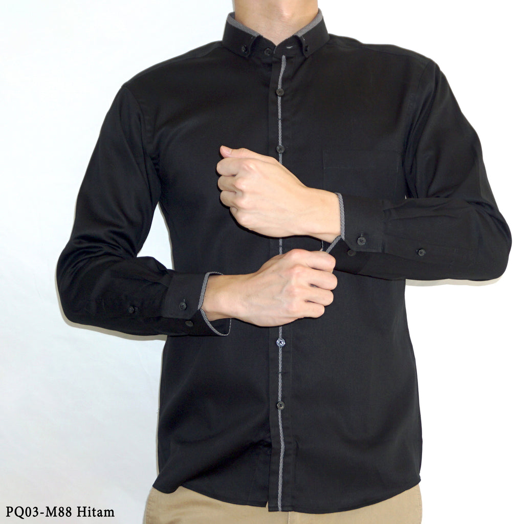 Boss SUPER Kemeja Polos Pria Cotton Pique Kombinasi List Tengah Lengan Panjang Slim Fit PQ03 Hitam