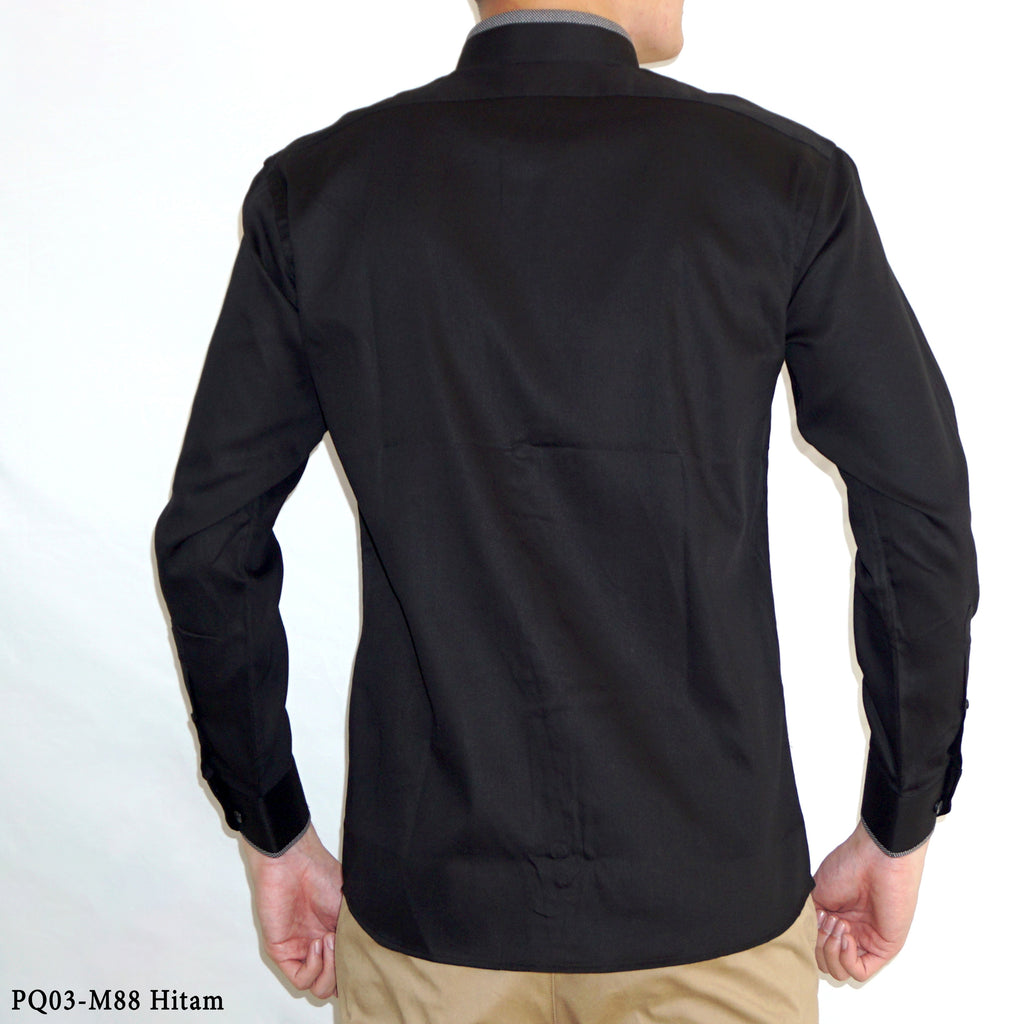 Boss SUPER Kemeja Polos Pria Cotton Pique Kombinasi List Tengah Lengan Panjang Slim Fit PQ03 Hitam
