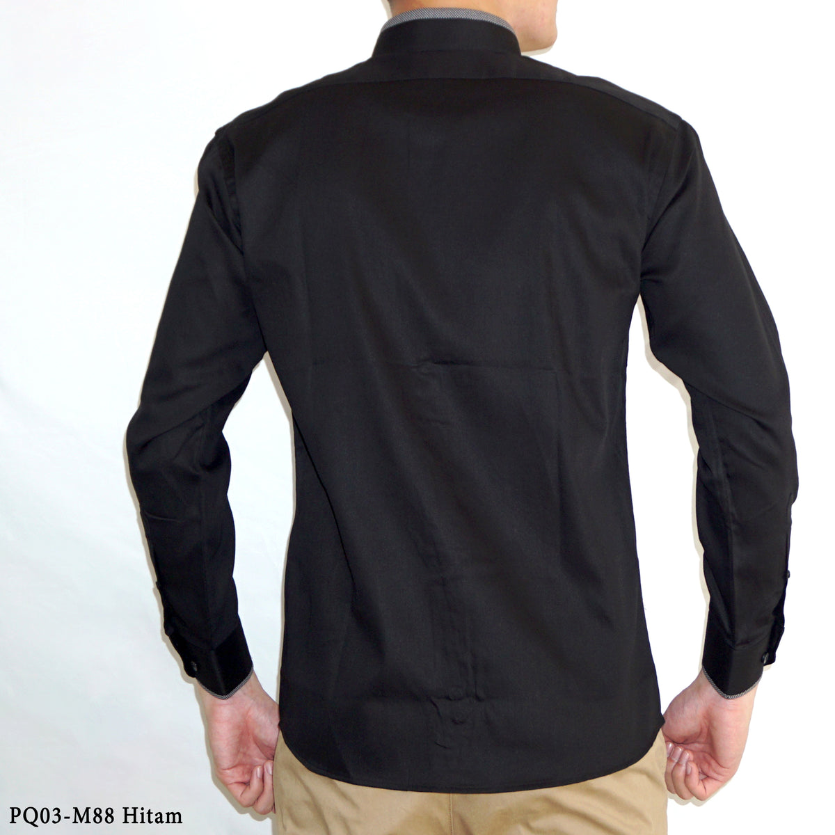 Boss SUPER Kemeja Polos Pria Cotton Pique Kombinasi List Tengah Lengan Panjang Slim Fit PQ03 Hitam