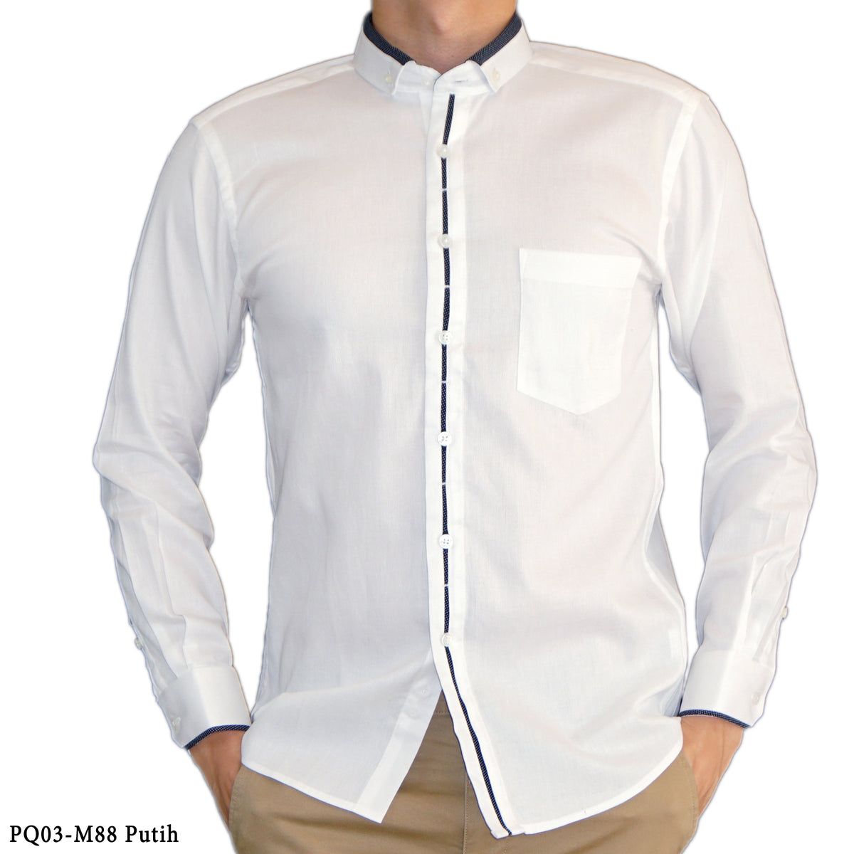 Boss SUPER Kemeja Polos Pria Cotton Pique Kombinasi List Tengah Lengan Panjang Slim Fit PQ03 Putih