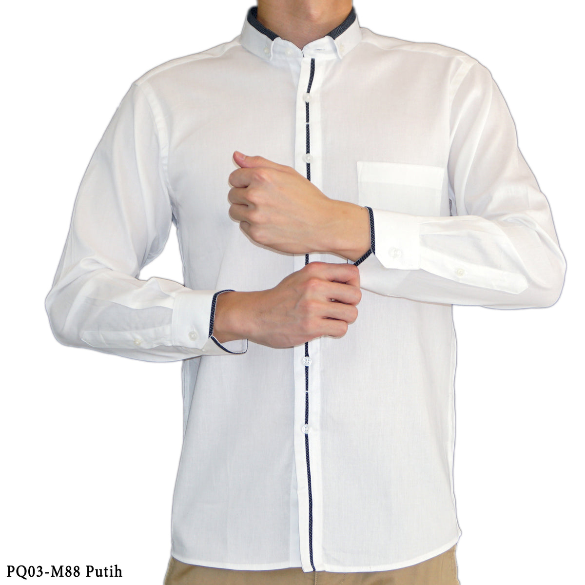 Boss SUPER Kemeja Polos Pria Cotton Pique Kombinasi List Tengah Lengan Panjang Slim Fit PQ03 Putih