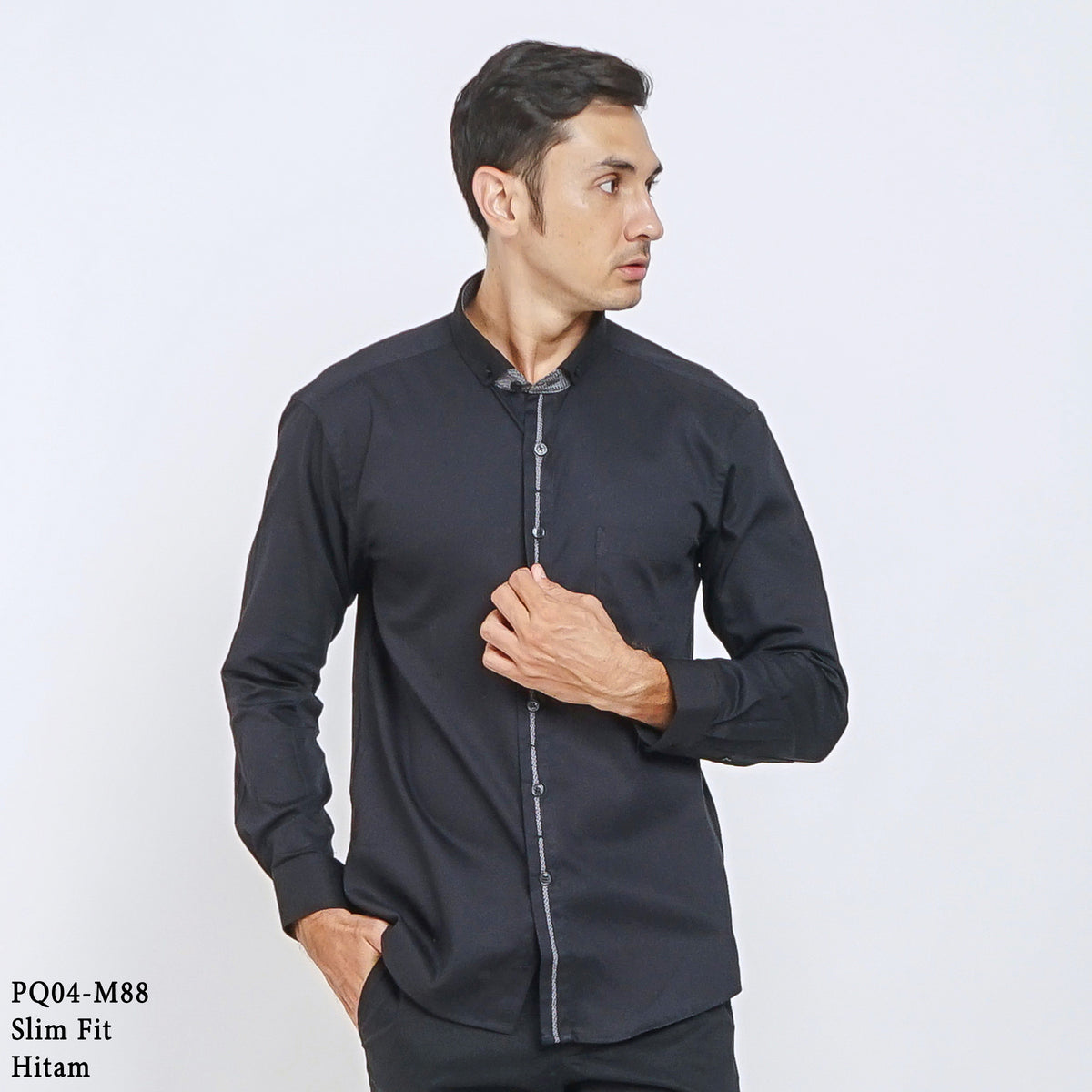 Boss SUPER Kemeja Polos Pria Cotton Pique Kombinasi List Tengah Lengan Panjang Slim Fit PQ04 Hitam