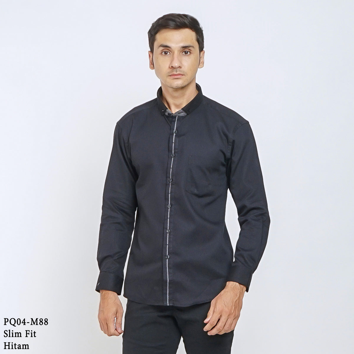 Boss SUPER Kemeja Polos Pria Cotton Pique Kombinasi List Tengah Lengan Panjang Slim Fit PQ04 Hitam