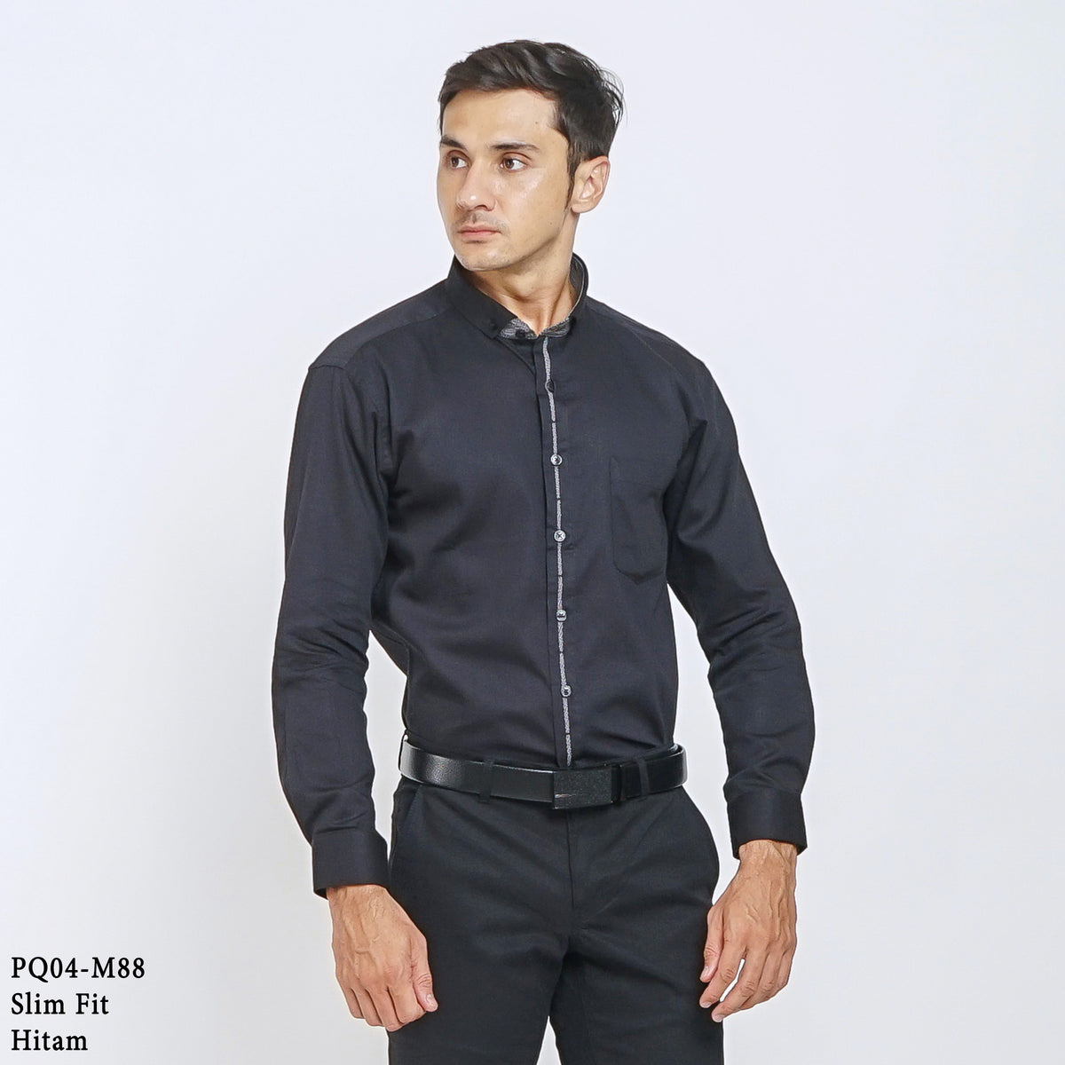 Boss SUPER Kemeja Polos Pria Cotton Pique Kombinasi List Tengah Lengan Panjang Slim Fit PQ04 Hitam