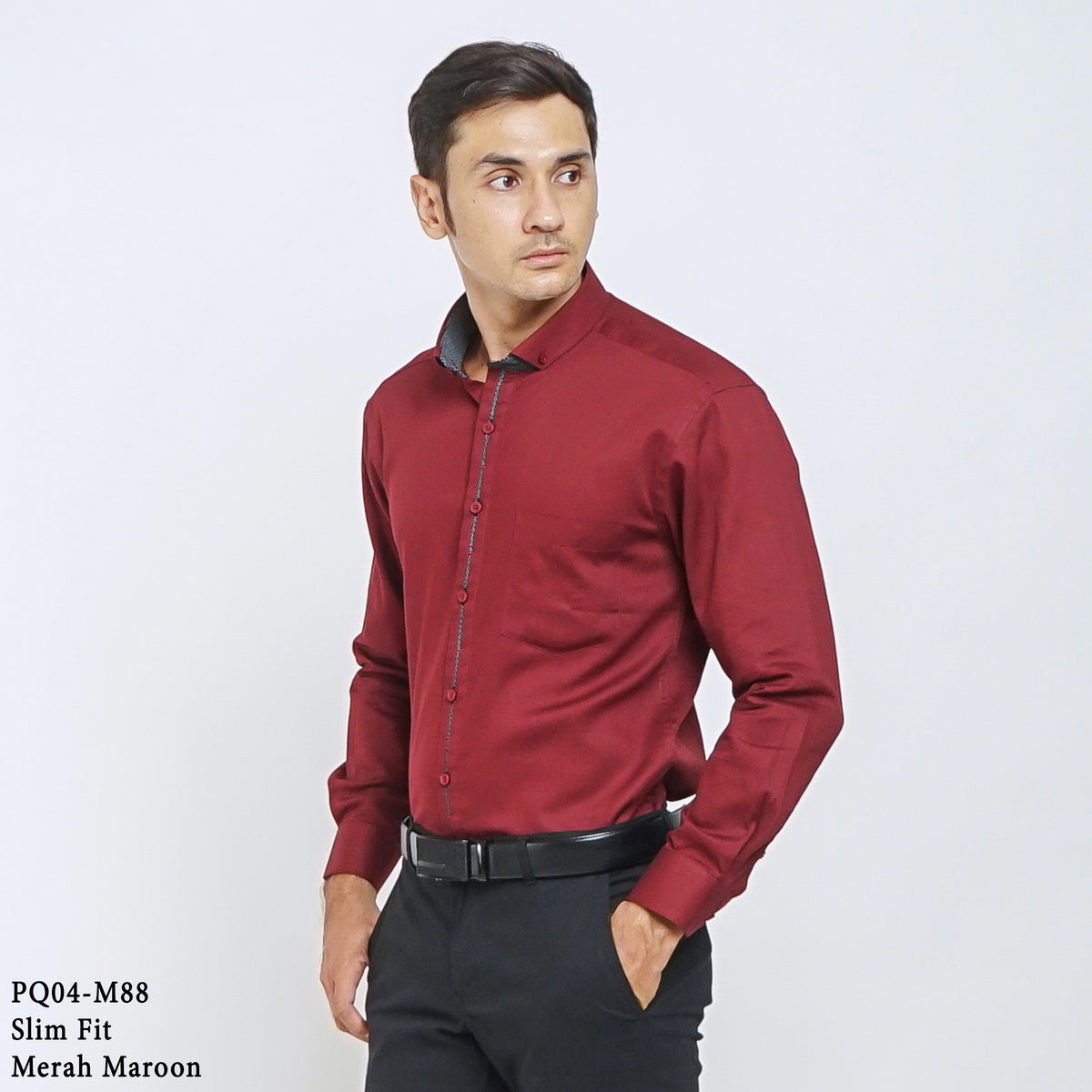 Boss SUPER Kemeja Polos Pria Cotton Pique Kombinasi List Tengah Lengan Panjang Slim Fit PQ04 Merah Maroon